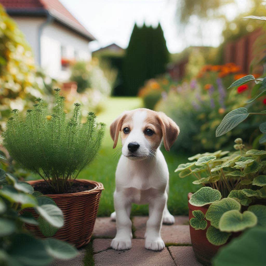 puppy inside the house surrounded by indoor plants