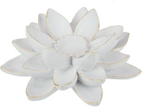 18CM WHITE/GOLD FLOWER T/LIGHT HOLDER