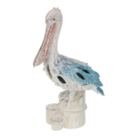 35cm Standing Pelican on Log with Blue & White Coral Design