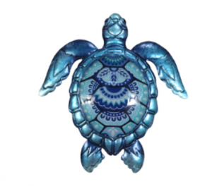 30cm Metal/Glass Blue Turtle Wall Art